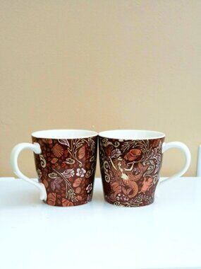 Starbucks 2009 Brown Mermaid Mugs Copper Accents Nautical Floral